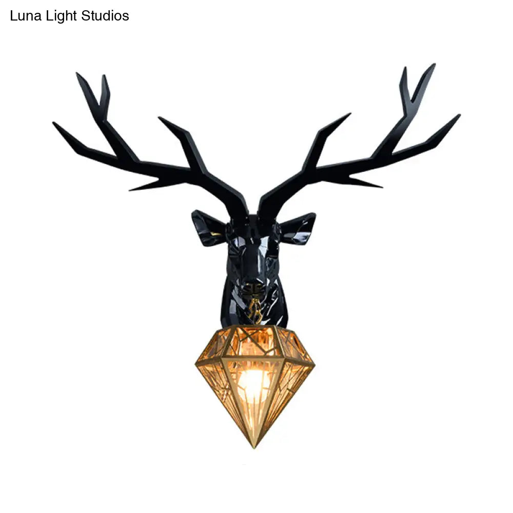 Loft Style Elk Resin Wall Lamp With Diamond Cage Shade - Black/White/Gold Sconce Light 14.5/19.5 W