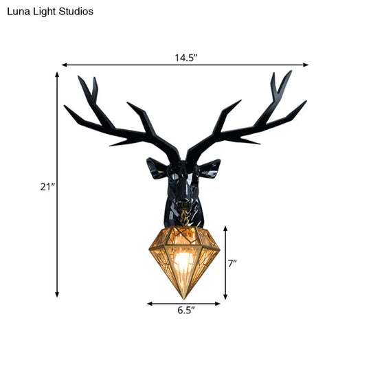 Loft Style Elk Resin Wall Lamp With Diamond Cage Shade - Black/White/Gold Sconce Light 14.5/19.5 W