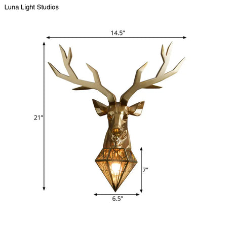 Loft Style Elk Resin Wall Lamp With Diamond Cage Shade - Black/White/Gold Sconce Light 14.5/19.5 W