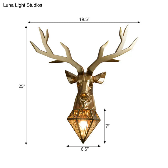 Loft Style Elk Resin Wall Lamp With Diamond Cage Shade - Black/White/Gold Sconce Light 14.5/19.5 W