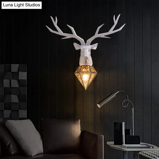 Loft Style Elk Resin Wall Lamp With Diamond Cage Shade - Black/White/Gold Sconce Light 14.5/19.5 W