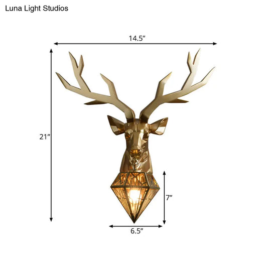 Loft Style Elk Resin Wall Lamp With Diamond Cage Shade - Black/White/Gold Sconce Light 14.5/19.5 W