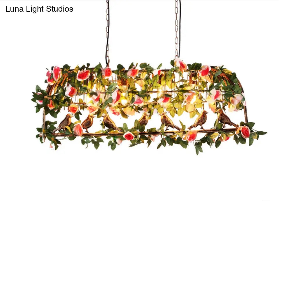 Loft Style Iron Birdcage Pendant Light With Artificial Green-Pink Flower And Plant - 4 Bulbs Island