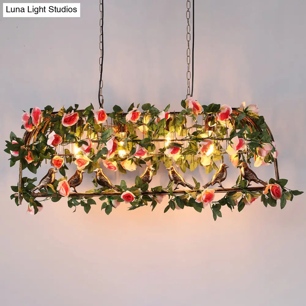 Loft Style Iron Birdcage Pendant Light With Artificial Green-Pink Flower And Plant - 4 Bulbs Island