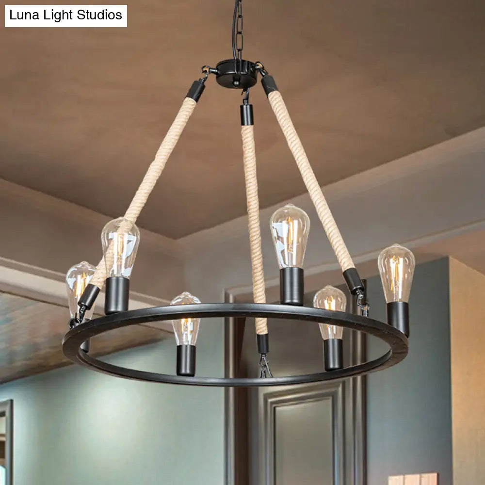 Black Iron Hanging Chandelier With Rope Cord - Loft Style 6-Head Design
