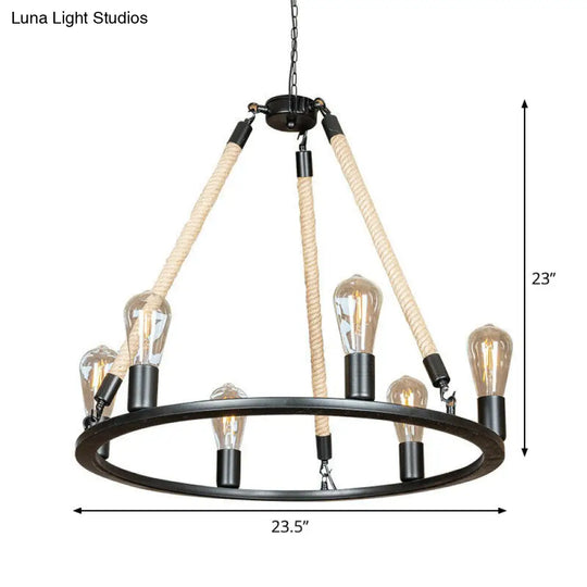 Black Iron Hanging Chandelier With Rope Cord - Loft Style 6-Head Design