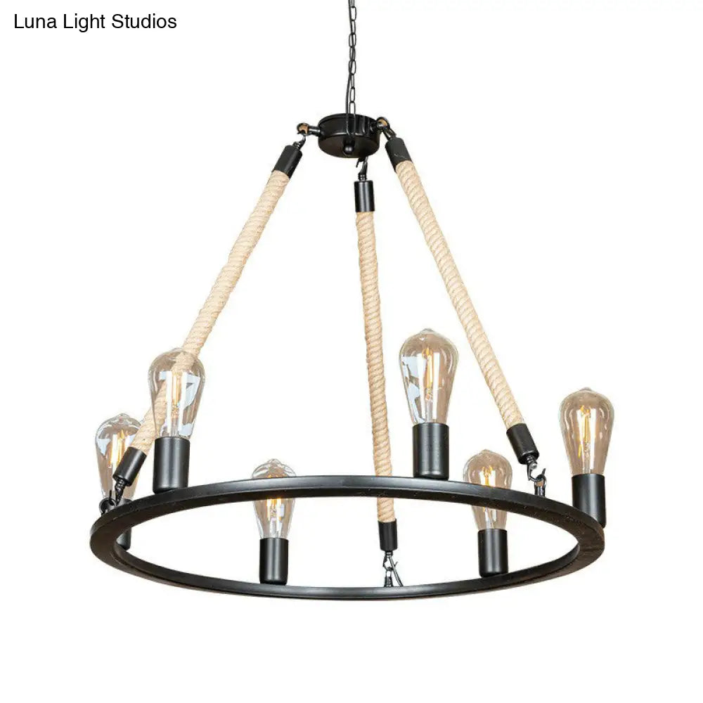 Loft Style Iron Chandelier With 6 Bare Bulb Heads And Rope Cord