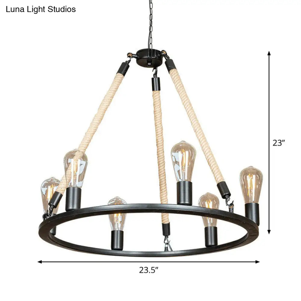 Loft Style Iron Chandelier With 6 Bare Bulb Heads And Rope Cord