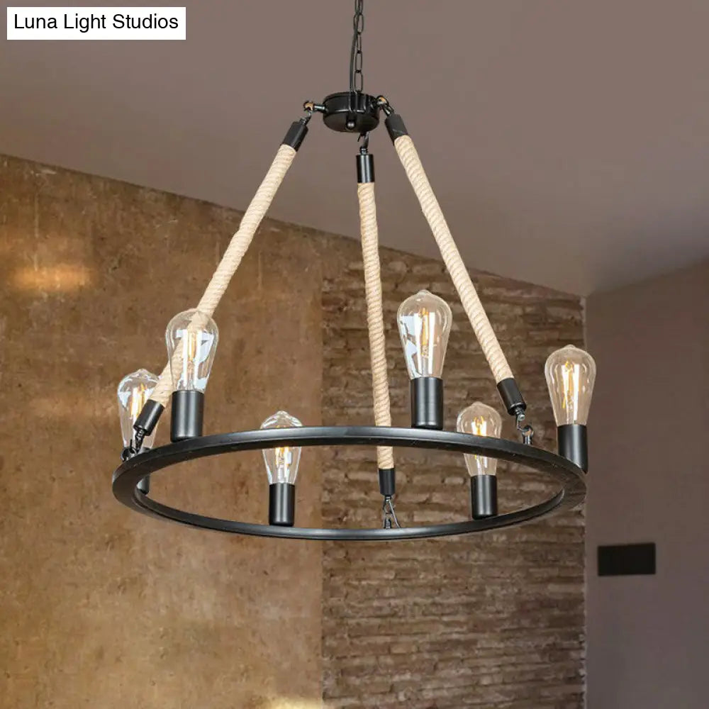 Black Iron Hanging Chandelier With Rope Cord - Loft Style 6-Head Design