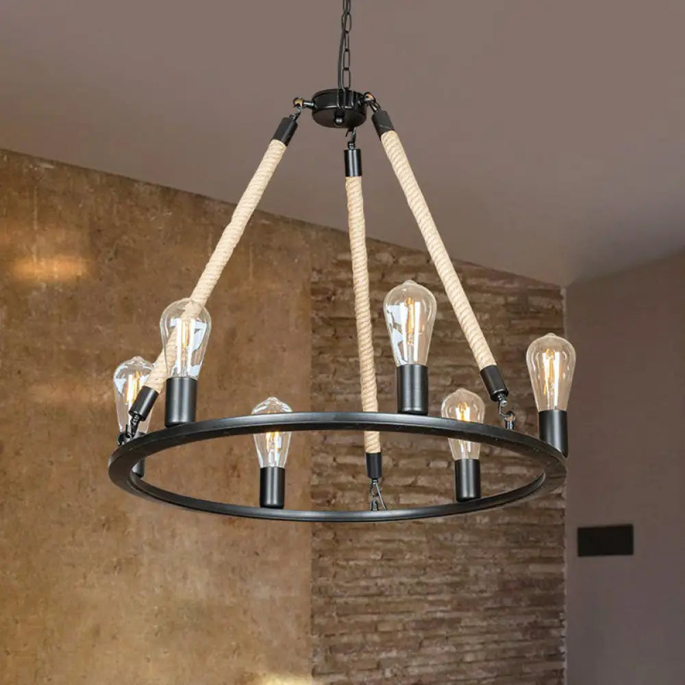Loft Style Iron Chandelier With 6 Bare Bulb Heads And Rope Cord Black