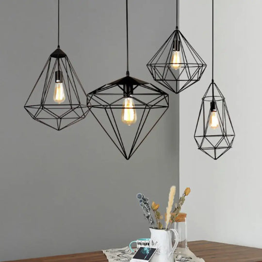 Loft Style Iron Wire Cage Pendant Lamp - Dining Room Suspension Light Fixture Black / Diamond