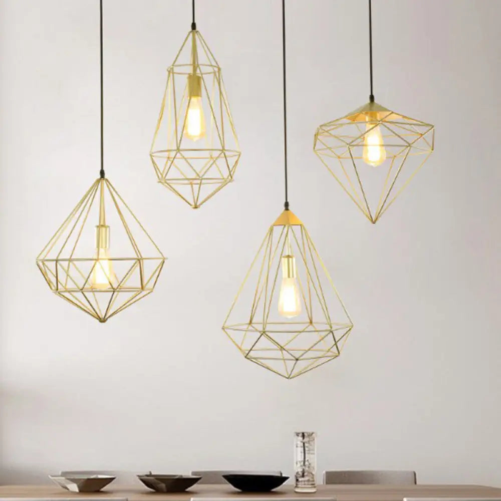 Loft Style Iron Wire Cage Pendant Lamp - Dining Room Suspension Light Fixture Gold / Geometric