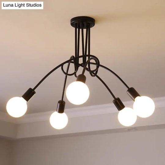 Loft Style Metal Flush Chandelier With Open Bulb Design For Bedroom Ceiling 5 / Black