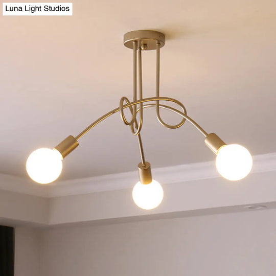Loft Style Metal Flush Chandelier With Open Bulb Design For Bedroom Ceiling 3 / Gold