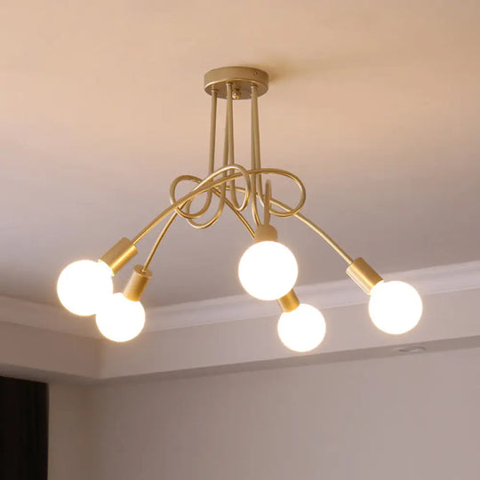 Loft Style Metal Flush Chandelier With Open Bulb Design For Bedroom Ceiling 5 / Gold