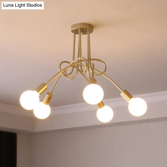 Loft Style Metal Flush Chandelier With Open Bulb Design For Bedroom Ceiling 5 / Gold