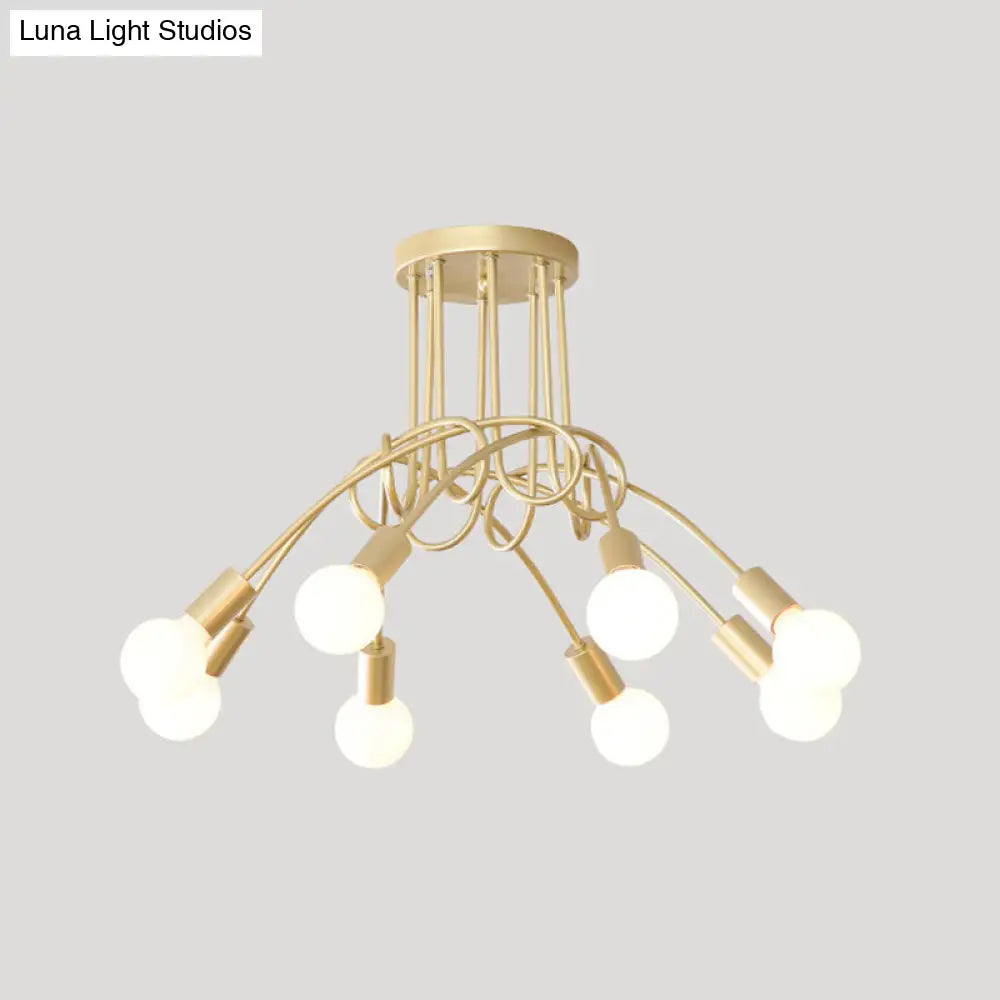 Loft Style Metal Flush Chandelier With Open Bulb Design For Bedroom Ceiling 8 / Gold