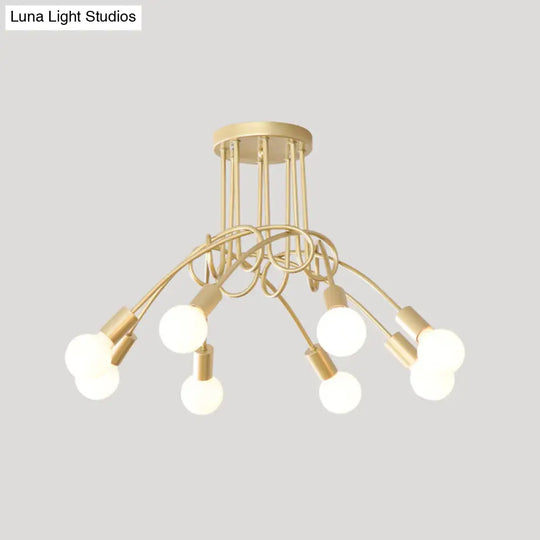 Loft Style Metal Flush Chandelier With Open Bulb Design For Bedroom Ceiling 8 / Gold