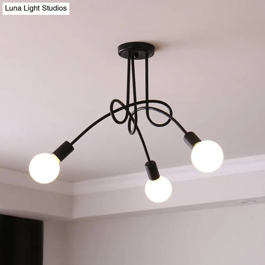 Loft Style Metal Flush Chandelier With Open Bulb Design For Bedroom Ceiling 3 / Black