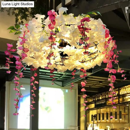 Metal Pendant Light Fixture: 3-Bulb Round Hanging Lamp With Artificial Flowers For Restaurants