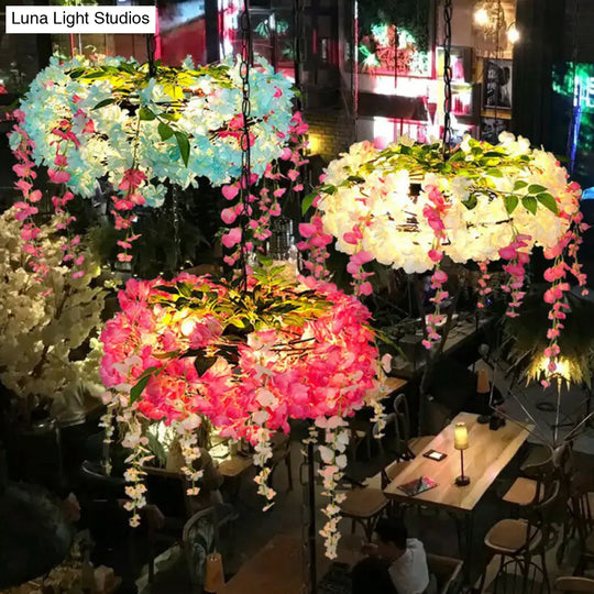 Metal Pendant Light Fixture: 3-Bulb Round Hanging Lamp With Artificial Flowers For Restaurants