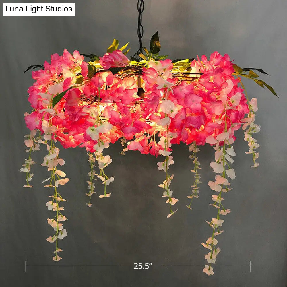 Metal Pendant Light Fixture: 3-Bulb Round Hanging Lamp With Artificial Flowers For Restaurants Pink