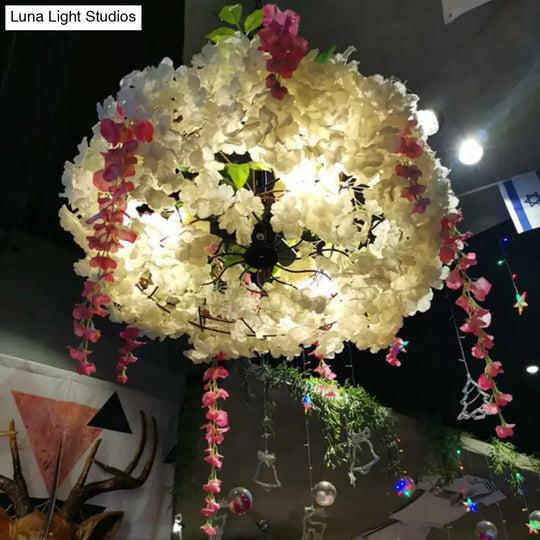 Metal Pendant Light Fixture: 3-Bulb Round Hanging Lamp With Artificial Flowers For Restaurants