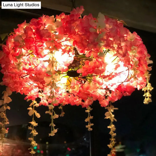 Loft Style Metal Pendant Light Fixture With Fake Flowers - 3-Bulb Round Hanging Lamp For Restaurants