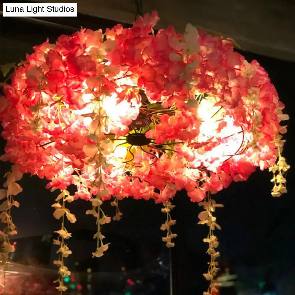 Metal Pendant Light Fixture: 3-Bulb Round Hanging Lamp With Artificial Flowers For Restaurants