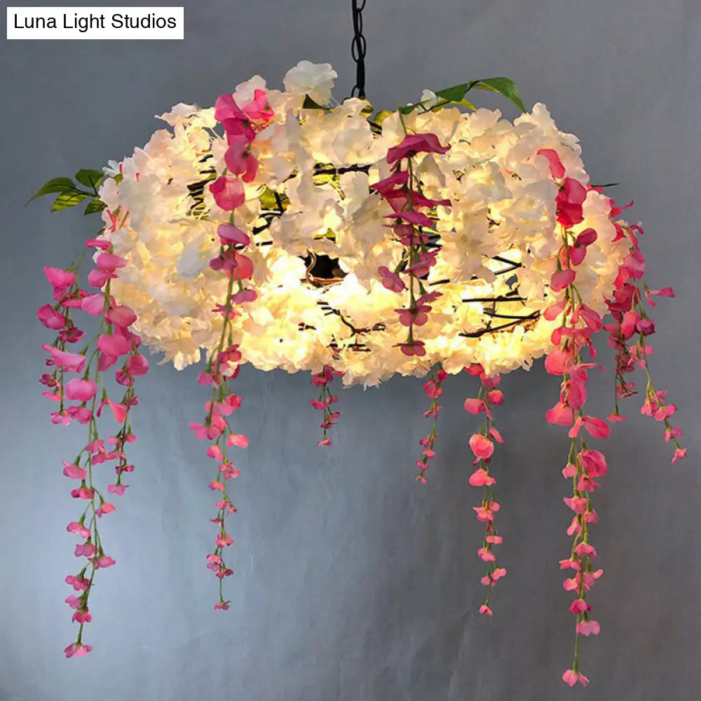 Metal Pendant Light Fixture: 3-Bulb Round Hanging Lamp With Artificial Flowers For Restaurants White