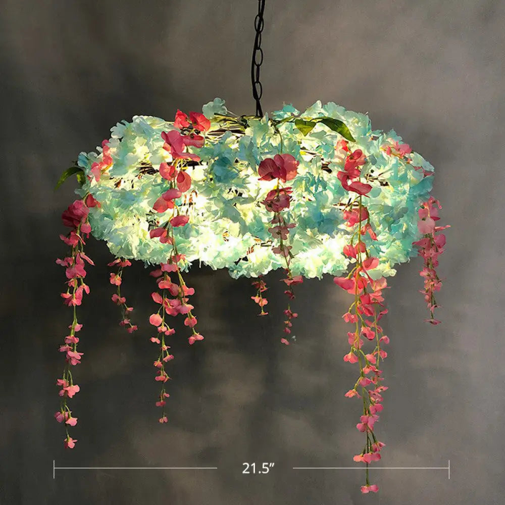 Loft Style Metal Pendant Light Fixture With Fake Flowers - 3-Bulb Round Hanging Lamp For