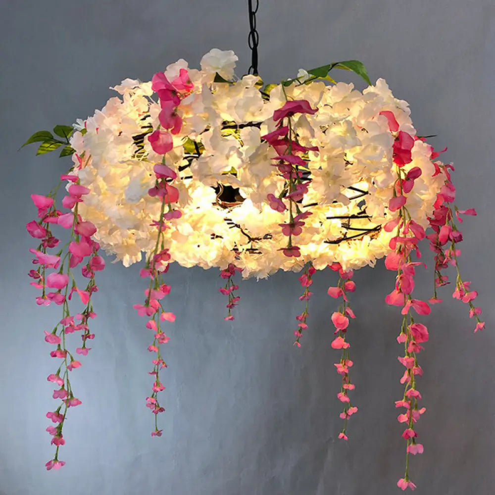 Loft Style Metal Pendant Light Fixture With Fake Flowers - 3-Bulb Round Hanging Lamp For