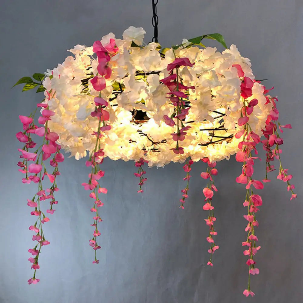 Loft Style Metal Pendant Light Fixture With Fake Flowers - 3-Bulb Round Hanging Lamp For