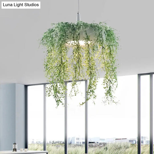 Metal Donut Pendant Light With Artificial Vine Deco - Loft Style Balcony Ceiling Fixture