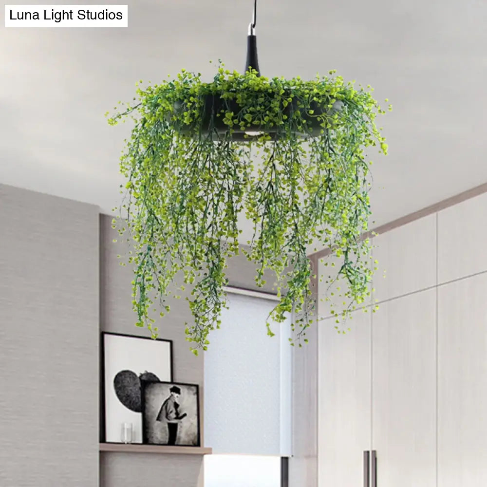 Metal Donut Pendant Light With Artificial Vine Deco - Loft Style Balcony Ceiling Fixture