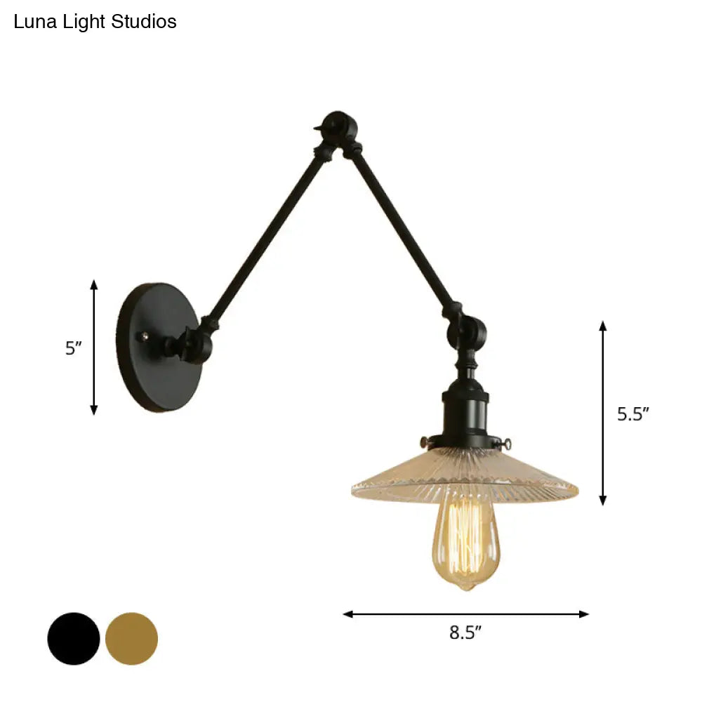 Loft Style Ribbed Glass Saucer Shade Studio Task Wall Lamp - Black-Brass/Black Swing Arm Mount Light