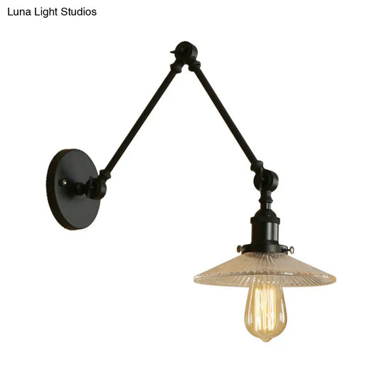 Loft Style Ribbed Glass Saucer Shade Studio Task Wall Lamp - Black-Brass/Black Swing Arm Mount Light