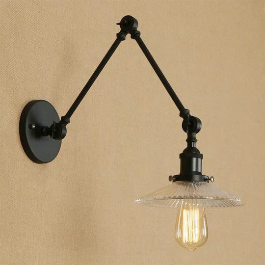 Loft Style Ribbed Glass Saucer Shade Studio Task Wall Lamp - Black-Brass/Black Swing Arm Mount Light