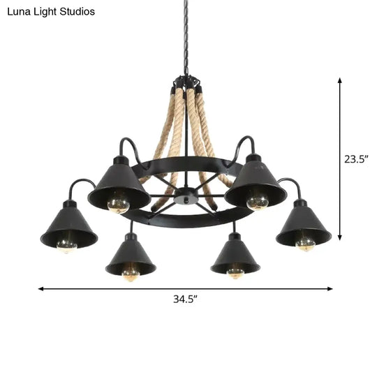 Loft Style Rope Chandelier With Cone Metal Shade - Brown Pendant Light 6/8 Heads
