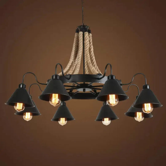 Loft Style Rope Chandelier With Cone Metal Shade - Brown Pendant Light 6/8 Heads 8 /