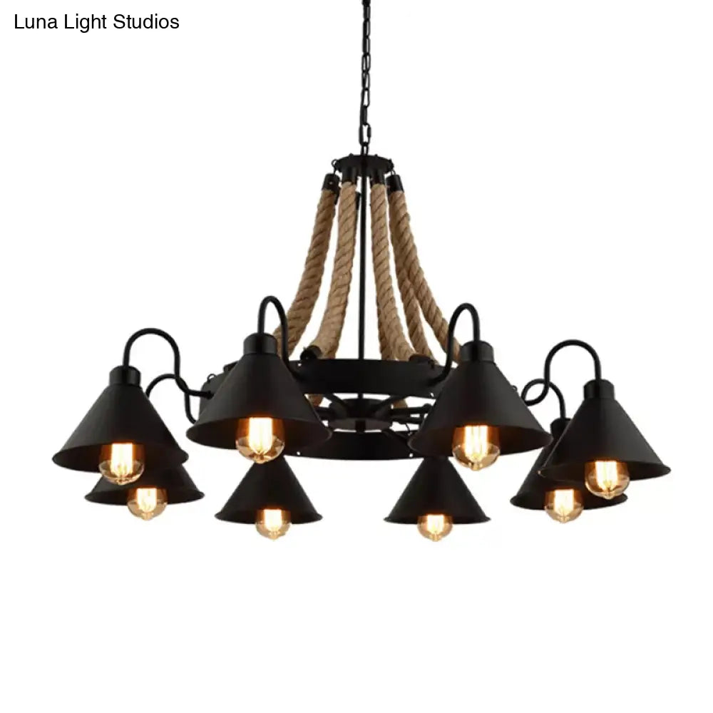 Loft Style Rope Chandelier With Cone Metal Shade - Brown Pendant Light 6/8 Heads