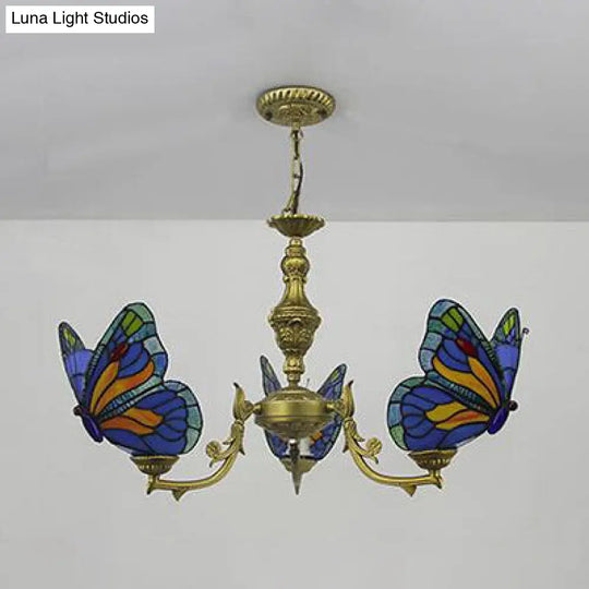 Stained Glass Butterfly Ceiling Chandelier - Loft Style Hanging Light With Adjustable Chain