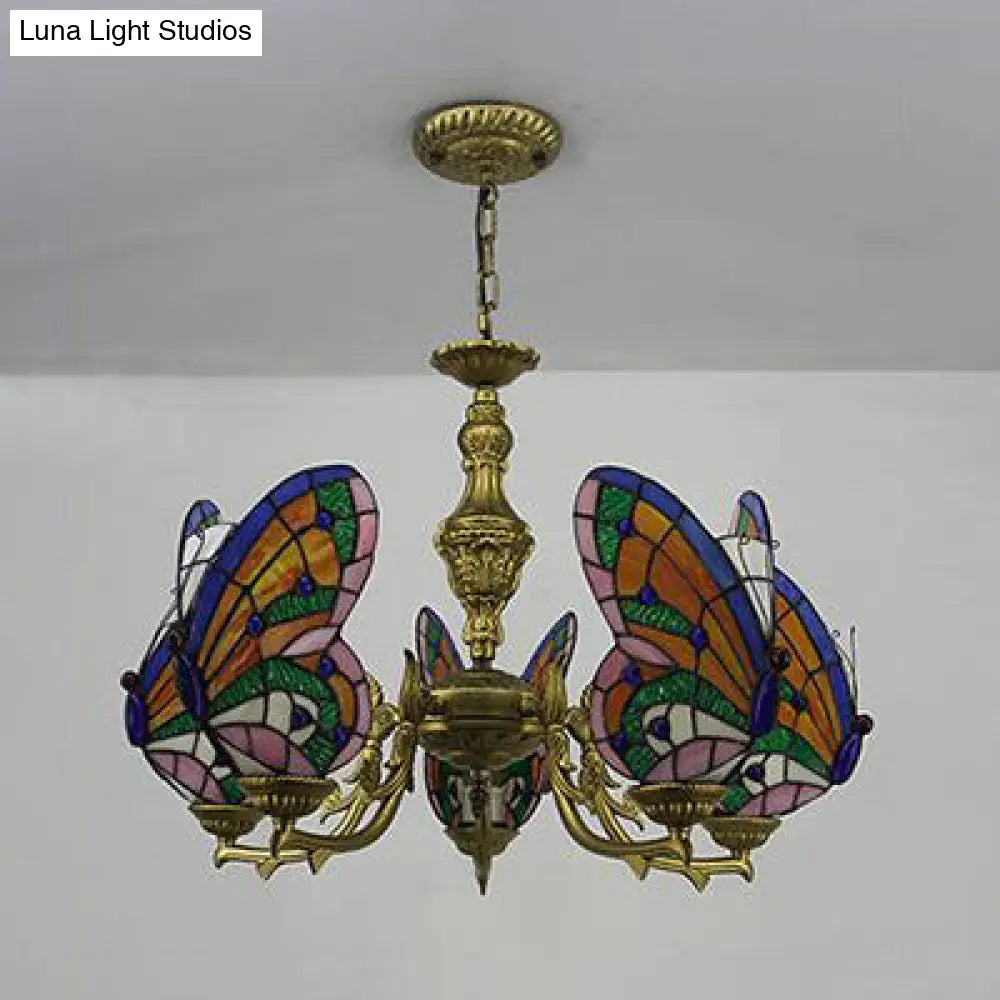 Stained Glass Butterfly Ceiling Chandelier - Loft Style Hanging Light With Adjustable Chain