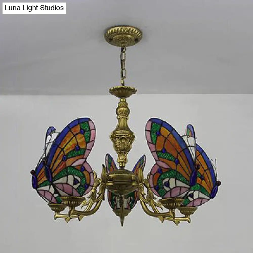 Loft Style Stained Glass Butterfly Chandelier With 3 Lights & Chain - Multicolor Options