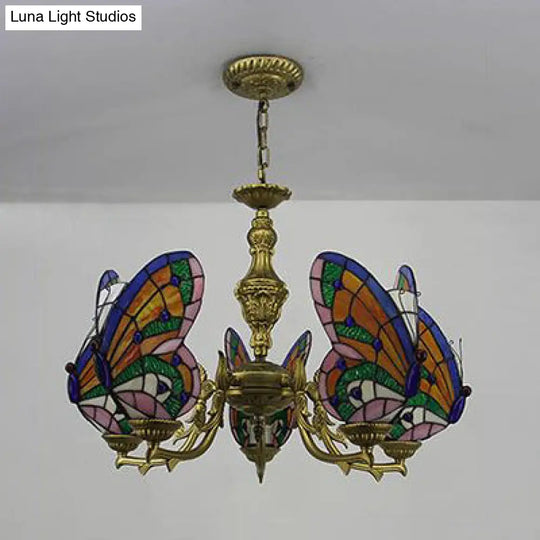 Loft Style Stained Glass Butterfly Chandelier With 3 Lights & Chain - Multicolor Options