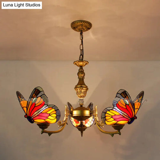 Stained Glass Butterfly Ceiling Chandelier - Loft Style Hanging Light With Adjustable Chain