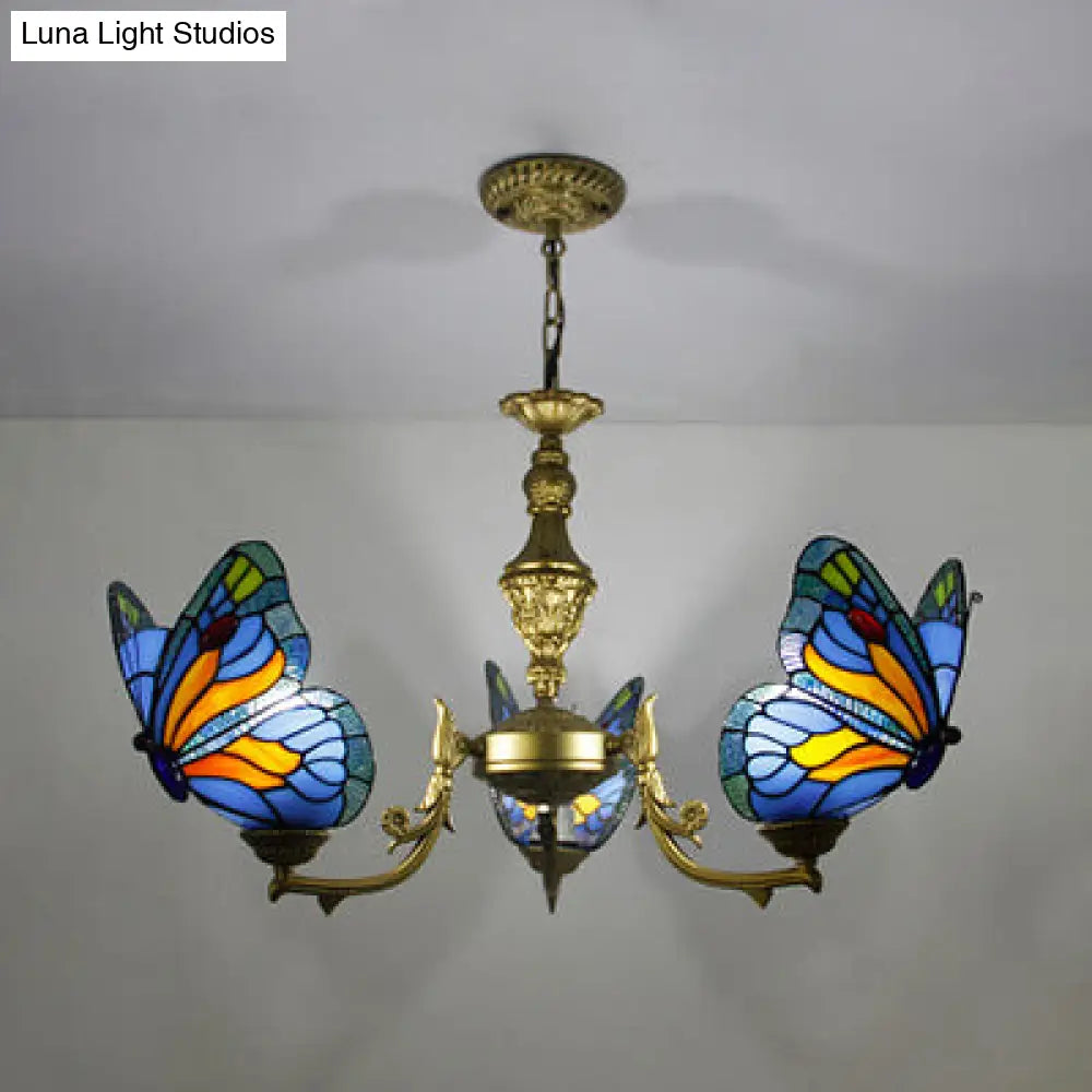 Stained Glass Butterfly Ceiling Chandelier - Loft Style Hanging Light With Adjustable Chain