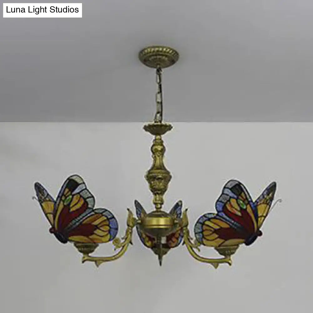 Loft Style Stained Glass Butterfly Chandelier With 3 Lights & Chain - Multicolor Options