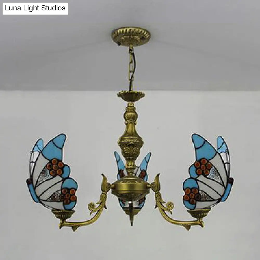 Loft Style Stained Glass Butterfly Chandelier With 3 Lights & Chain - Multicolor Options