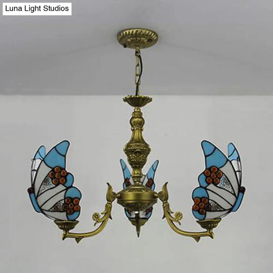 Loft Style Stained Glass Butterfly Chandelier With 3 Lights & Chain - Multicolor Options